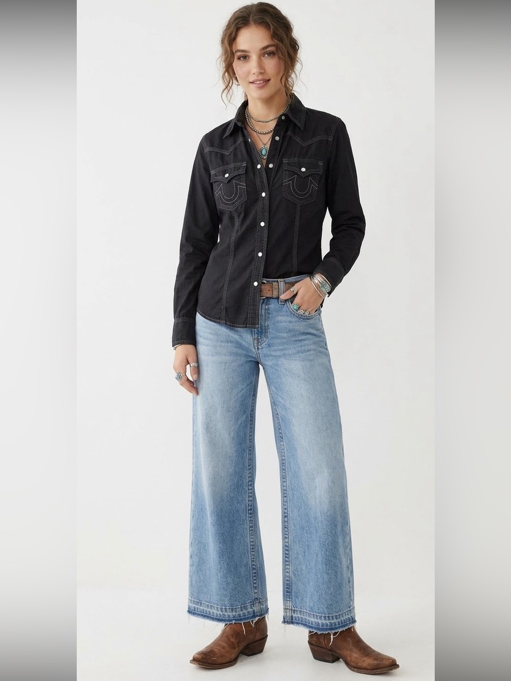 True Religion Western Black Button Down Top Size Medium Boho Streetwear
